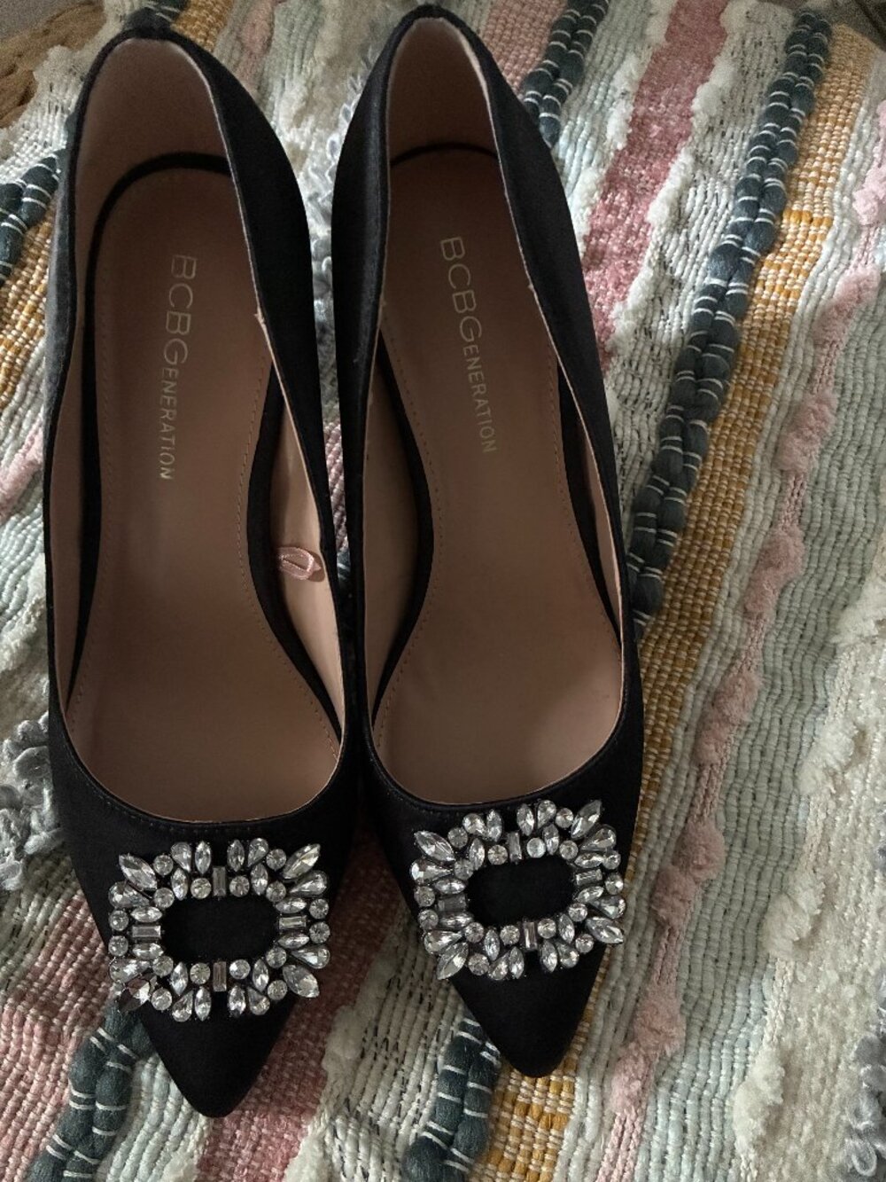 Satin black heels, crystal embellishment